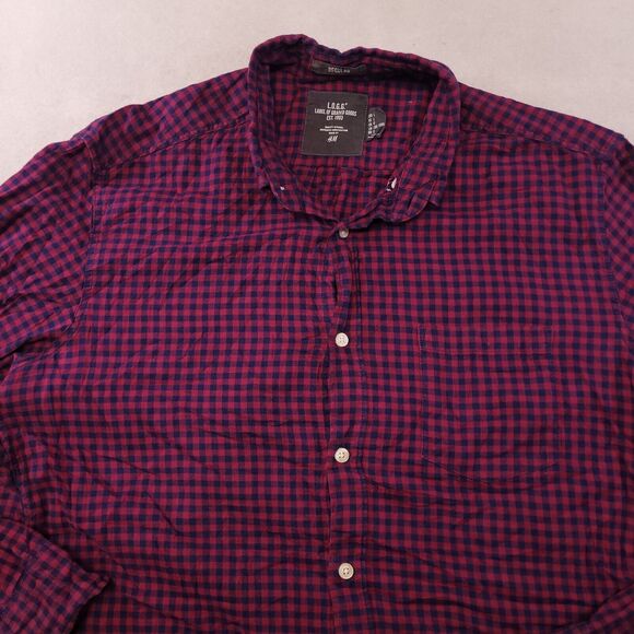 H&M Buffalo Check Flannel Casual Button Up Shirt Mens Size Large L Purple - Picture 1 of 10